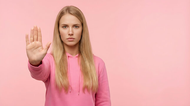 Young Woman Showing Stop Gesture with Raised Hand on Pink Background, Refusal, Boundaries and Personal Safety Concept