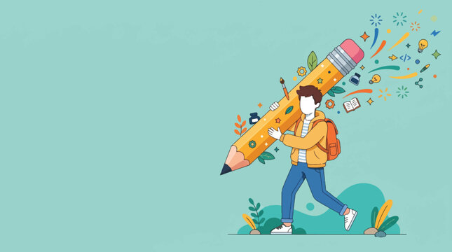 Creativity and Learning Student Carrying a Giant Pencil for Idea Generation