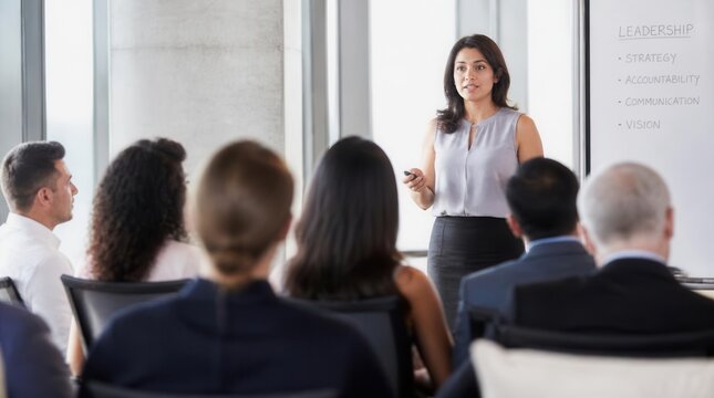 A professional female presenter delivers an engaging business presentation to a diverse audience seated in a contemporary conference room, fostering learning and collaboration