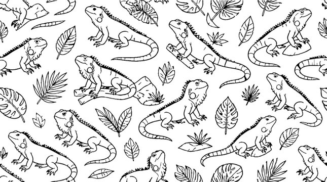 Detailed black and white lizard and foliage pattern.