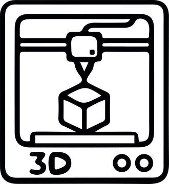 Black and white vector graphic illustration of a 3D printer creating a cube
