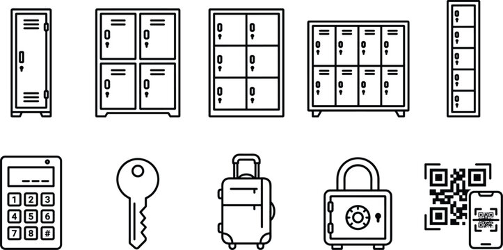 Industrial storage locker collection with diverse configurations and security keypad for secure access control.