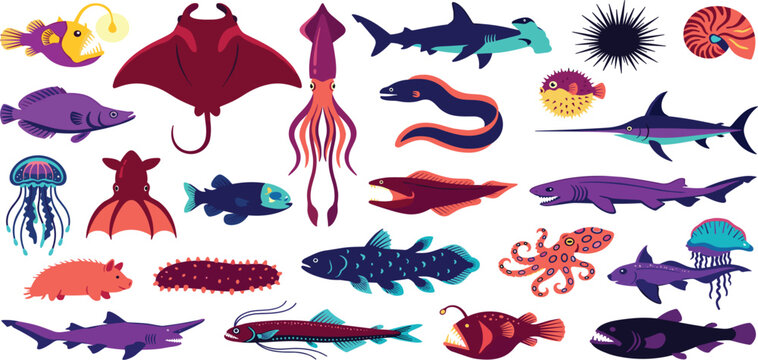 Deep sea creatures and ancient marine monsters vector icon set featuring anglerfish stingray squid hammerhead shark and bioluminescent fish