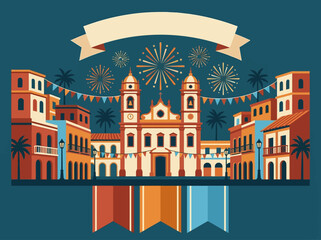 Festive Latin American Colonial Town Square Illustration with Fireworks and Blank Banner © Micilupin