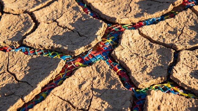 Dried Ochre Earth Pigment Fissure Cracks with Rising Vapor Lines