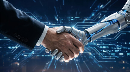 Businessman Shaking Hands with Robot Against Blue Digital Network