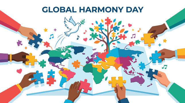 People from diverse backgrounds come together on Global Harmony Day to assemble a colorful puzzle representing unity and peace.