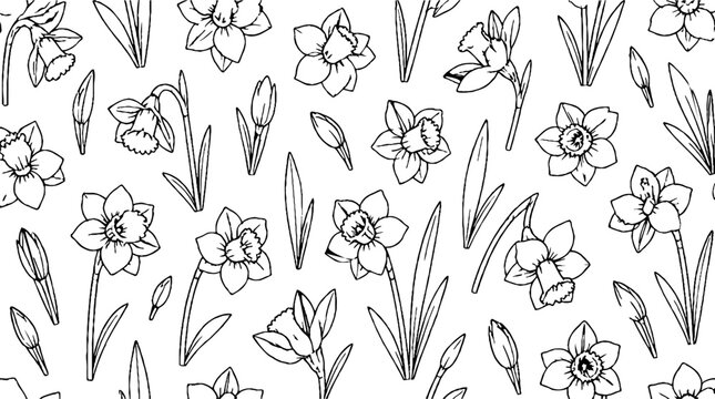 Detailed black and white daffodil line art illustrations.