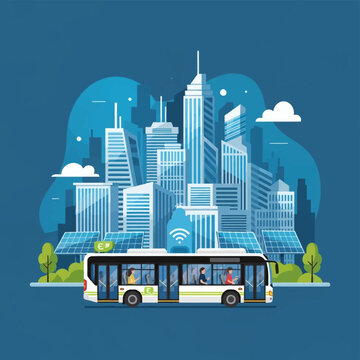 Flat vector illustration of a white electric public bus with passengers, passing solar panels and skyscrapers in a green smart city environment on a blue background.