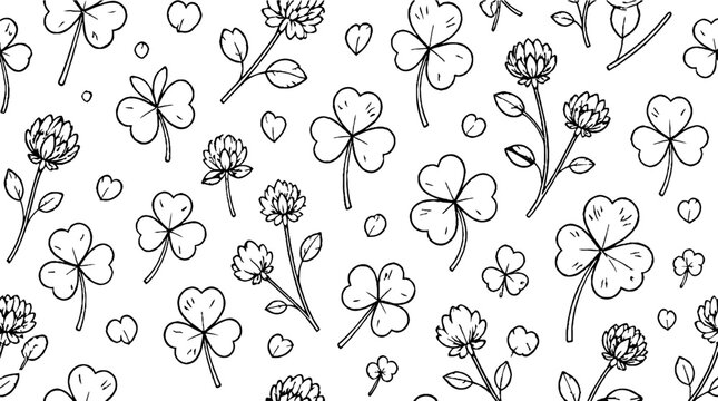 Hand drawn shamrock and clover leaf pattern design.