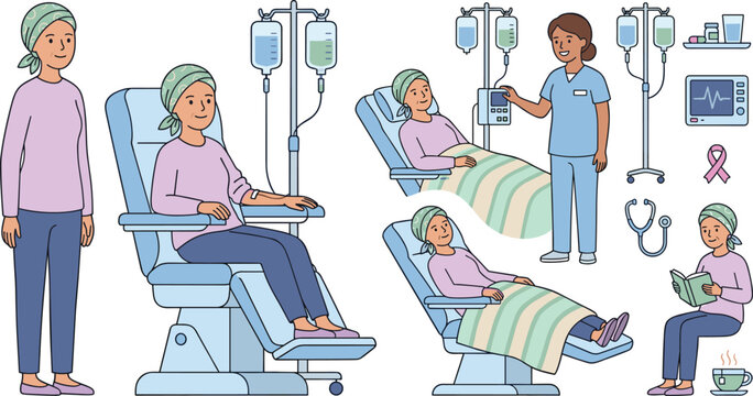 Oncology cancer chemotherapy patient treatment icon set with female survivor wearing head scarf sitting in hospital chair vector