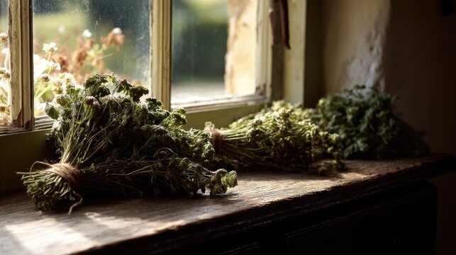 lovage. Rustic kitchen windowsill with bundles of drying lovage herbs on a wooden surface in soft afternoon light. menu design.