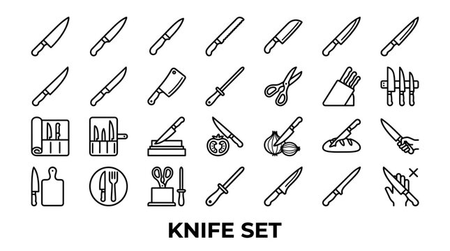 Black line kitchen knife set icons collection.