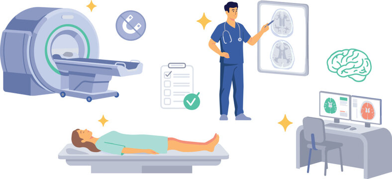 Magnetic Resonance Imaging Vector Set with Doctor Analyzing Brain Scan MRI Scanner Machine and Patient Lying Down on White Background