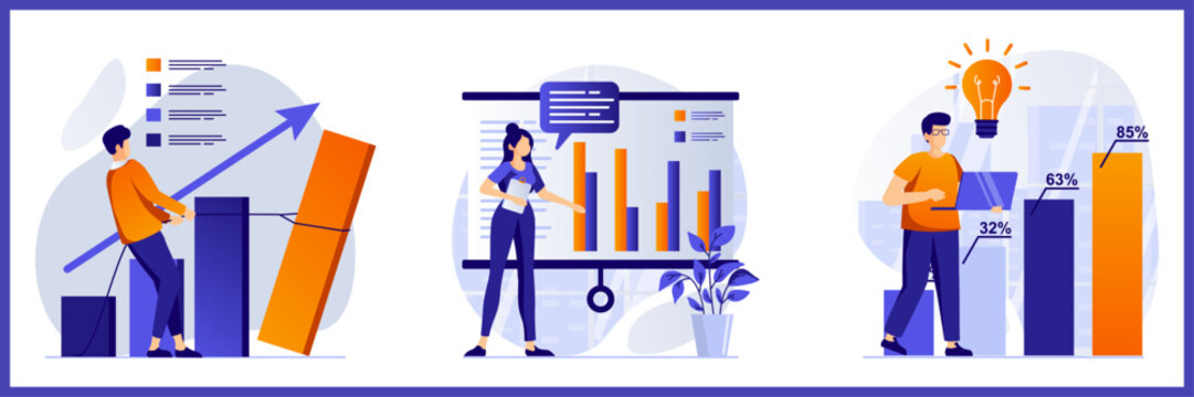 Business Growth and Analytics Vector Illustration Set, Modern Flat Design for Data Analysis and Financial Success.