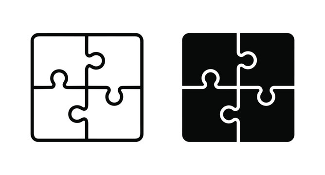 Four piece square jigsaw puzzle icon set in outline and solid style. Vector illustration