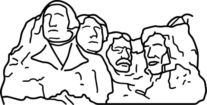 Mount Rushmore, iconic presidential monument, American landmark, black line art illustration