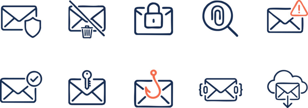 Cybersecurity email icons set, 10 line vector elements for phishing and data protection, secure messaging and spam filter symbols for web design