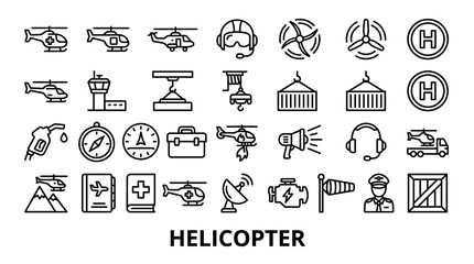 Fototapeta premium Aviation logistics and helicopter line icon set.