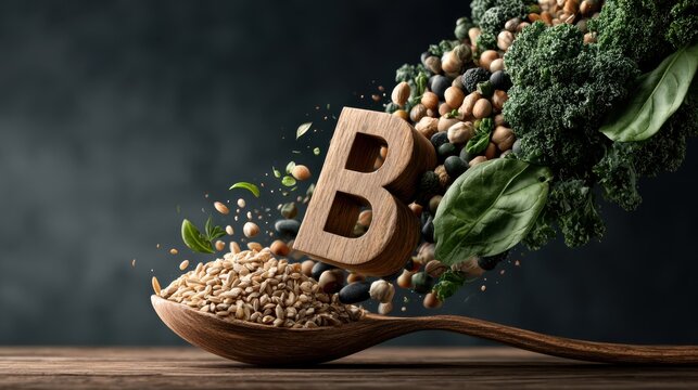 Vitamin B complex vitamin icons floating above whole grains, symbolizing health benefits and nutrition from natural food sources in a clean, modern graphic design.