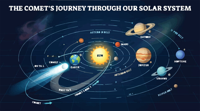 Solar system, comet journey, planets orbit, astronomy diagram, educational vector