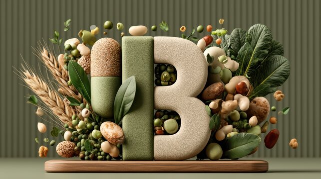 Vitamin B complex icons floating above whole grains, illustrating the nutritional benefits and natural sources of essential vitamins in a clean, modern design.