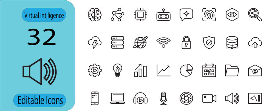 Virtual Intelligence Technology Editable Icon Set with AI, Cloud Computing, Security, Communication and Multimedia Line Vector Collection