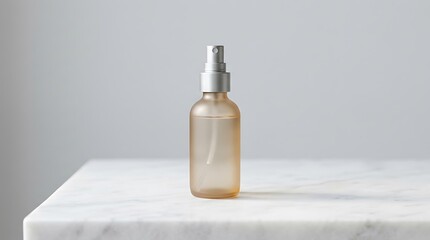 Naklejka premium A frosted 2 oz spray bottle with a silver pump mechanism standing centered on a polished white marble surface for a clean professional product mockup
