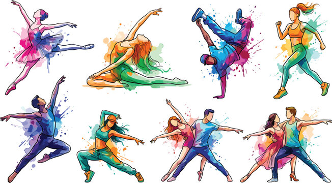 Watercolor dance and fitness icon set with diverse dancers performing ballet hip hop breakdance yoga and ballroom vector illustration