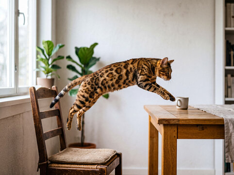 Agile Bengal cat mid-leap from a rustic wooden chair to a table in a bright and modern home interior.