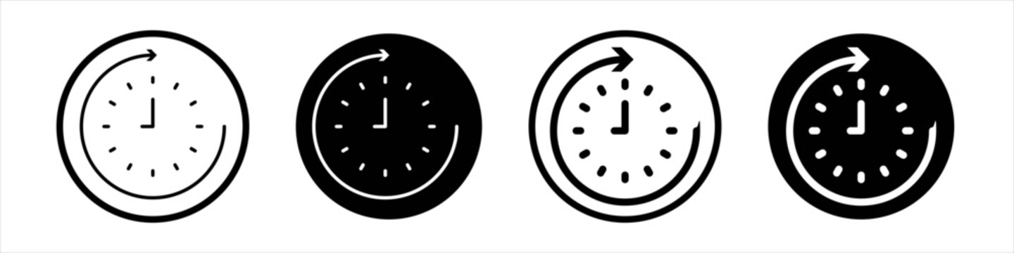 24 hours icon collection in black and white filled and outlined style for web.