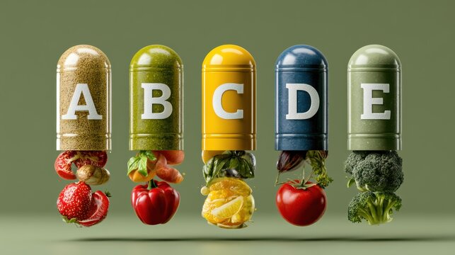 Floating vitamin capsules labeled A, B, C, D, and E, floating on a white background, representing health, supplements, and wellness concepts.