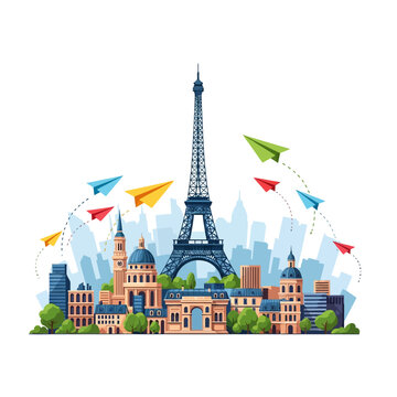 Paris City Skyline Vector Illustration Featuring Eiffel Tower, Sacr&eacute;-C&oelig;ur, Arc de Triomphe and Colorful Paper Planes Flying Over Landmarks on White Background
