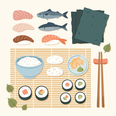Sushi ingredients on bamboo mat. © Vuny