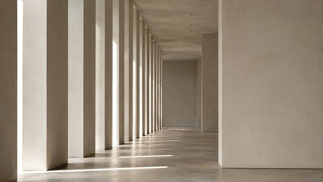 Minimalist Architectural Corridor with Repeating Columns and Soft Natural Light Shadows