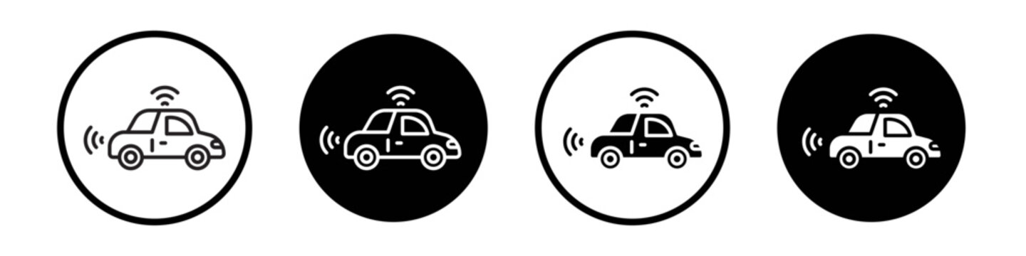 Autonomous car icon collection in black and white filled and outlined style for web.