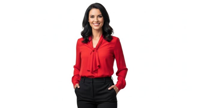 Young woman in red blouse smiling and standing confidently