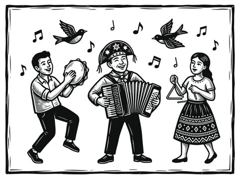 Brazilian Forr&oacute; Folk Band Woodcut Illustration