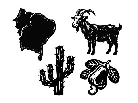 Vintage Woodcut Icons of Northeast Brazil: Map, Goat, Cactus, and Cashew Fruit