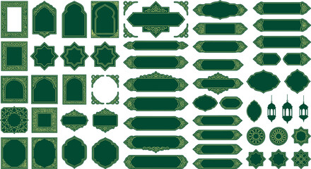 Comprehensive set of decorative islamic borders labels and lantern elements with ornament traditional geometric greeting religion decoration collection oriental celebration background © Golzar