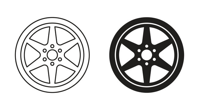 Automotive alloy car wheel rim icon set in outline and solid style. Vector illustration