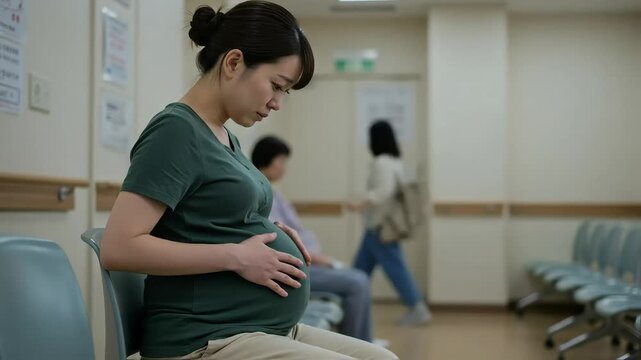 産婦人科の待合室で大きなお腹を優しく触りながら診察を待つ妊婦の横顔