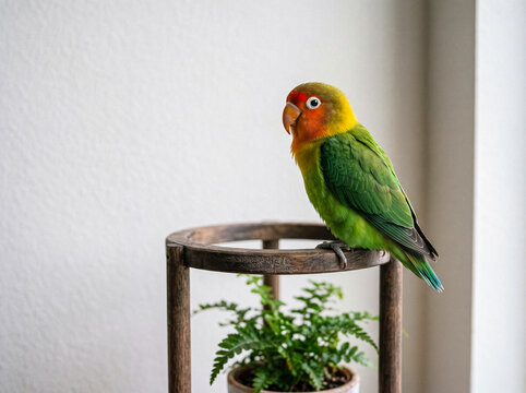 A captivating photograph of a striking green lovebird with a yellow and orange head perched on a wooden stand.