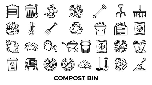 Black and white outline icons for composting bins.