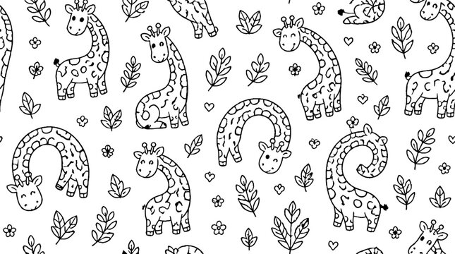 Playful giraffe pattern with floral and geometric elements.