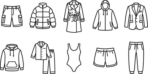 Outerwear and activewear icons featuring cargo shorts puffer jacket trench coat hoodie and athletic joggers. © Emongrapic