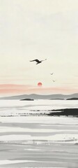 Obraz premium Minimalist Landscape Large Black Silhouette Bird Flying Smaller Birds Red Sun Horizon Soft Grey Mountains Pale Pink Peach Sky Horizontal Black Grey Textured Brushstrokes Foreground Abstract Serene Ver