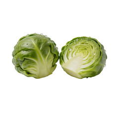 Fototapeta premium Fresh Green Brussels Sprouts Whole and Halved with Water Droplets Isolated on White Background