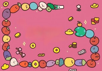 Naklejka premium Cute Vibrant Flat Vector Border Frame Vegetables Fruits Smiling Faces Gold Coins Flower Branches Rounded Rectangular Shape Pink Background Empty Center Kawaii Auspicious