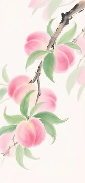Traditional Chinese Watercolor Pink Peach Fruits Hanging Brown Branch Dark Ink Accents Soft Green Leaves Pale White Background Ample Negative Space Minimalist Expressive Brushstrokes Light Fresh Verti